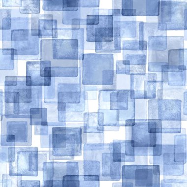 Çağdaş sanatın kusursuz bir geçmişi var. Soyut grunge kare geometrik şekiller. Suluboya el mavi dikdörtgen çizer, kare desen çizer. Tekstil, duvar kağıdı ve ambalaj kağıdı için suluboya baskı.