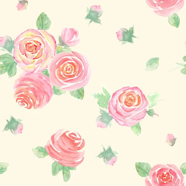Watercolor Roses Flowers Beautiful Floral Seamless Pattern Watercolour Hand Drawn — ストック写真