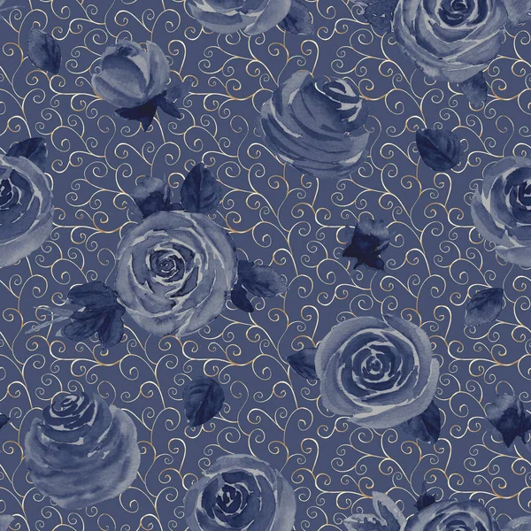 Watercolor roses flowers. Beautiful floral seamless pattern. Watercolour hand drawn rose dark blue navy luxury illustration background. Print for textile, fabric, wallpaper, wrapping paper.