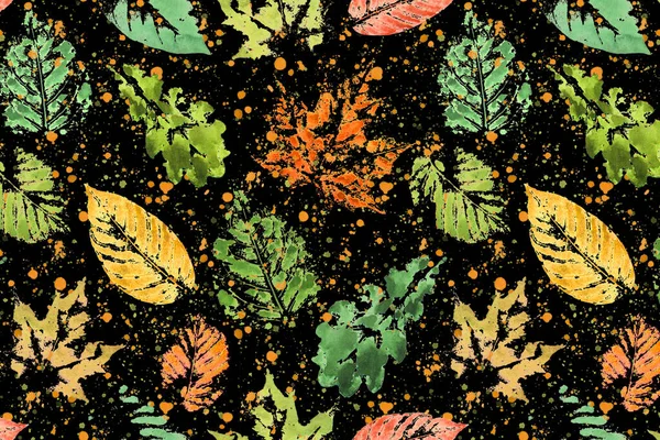 摘要秋季感恩节叶片水彩画的背景是水平的 色彩艳丽的水彩斑斓的叶饰点缀在黑色的背景上 — 图库照片
