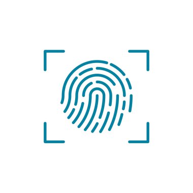 Parmak izi tarama çizgisi simgesi. Biyometrik konsept. Parmak izi veritabanı araması. Güvenlik kontrolü. Kimlik onayı. Güvenli erişim. Dijital kimlik doğrulaması. Kimliğe dokun. Vektör illüstrasyonu, düz, klip sanatı