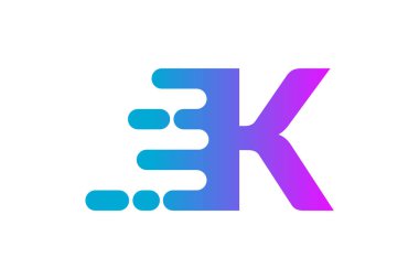 K harfi logosu hareket halinde. Mavi ve mor gradyan simgesi. K harfi hızlı hızı simgeliyor. Dinamik hareket efekti tasarım elemanı. Şirket kimlik belgesi. Hızlı hareket eden sembol. Vektör illüstrasyonu, düz.