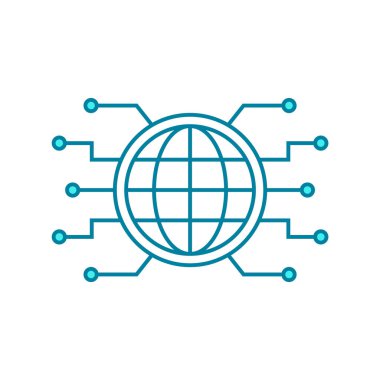 Genel ağ çizgisi simgesi. Devre kartı bileşenleriyle mavi küre. İletişim ve bağlantılar kavramı. Web teknolojisi sembolü. Dijital Dünya gezegeni. 4.0 sanayi. Vektör illüstrasyonu, düz, klip sanatı