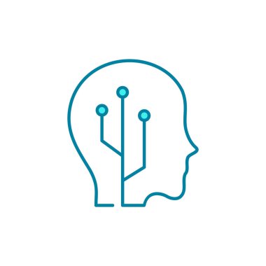 Yapay zeka çizgi simgesi. Baş işlemciyle. Yapay zeka konsepti. İnsansı robot sembolü. Entegre mikroçipli beyin. Makine öğrenme fikri. Cyborg işareti. Vektör illüstrasyonu, düz, klip sanatı. 