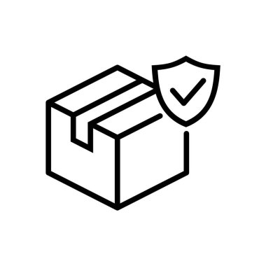 Güvenli teslimat ikonu. Kalkan sembollü paket kutusu. Kalkanın içindeki işaretleri kontrol et. Parça düzeni, güvenli nakliye sembolü. Ürün teslimatı koruma garantisi. Vektör illüstrasyonu, düz, klip sanatı. 