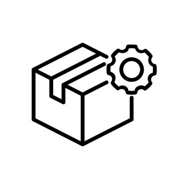 Dişli çizgisi simgesi olan teslimat kutusu. Düzen konsepti işleniyor. Müşteri desteği de dahil. Paketleme, nakliye ve ulaşım seçenekleri. Lojistik ve kargo organizasyonu. Vektör illüstrasyonu, klip sanatı.