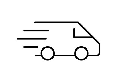 Teslimat minibüsü simgesi. Hızlı nakliye fikri. Kargo, dağıtım, ulaşım konsepti. Hızı simgeleyen çizgileri olan hareket halindeki bir araç. Nakliye hizmetleri. Vektör illüstrasyonu, düz, klip sanatı.