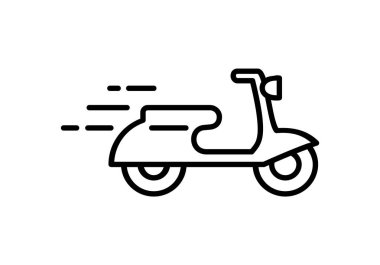 Teslimat mobilet hattı ikonu. Hızı simgeleyen çizgileri olan hareket eden bir motosiklet. Çevrimiçi sipariş kavramı. Hızlı nakliye fikri. Elektrikli motosiklet. Kişisel nakliye aracı. Vektör illüstrasyonu, düz, klip sanatı. 