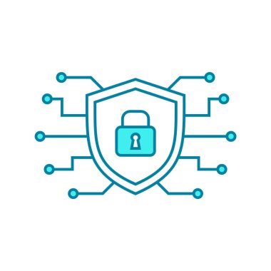 Siber güvenlik hattı simgesi. Elektronik bileşenleri ve asma kilidi olan bir kalkan. Antivirüs, anti-yazılım sembolü. Veri koruma işareti. Çevrimiçi güvenlik ve internet gizliliği. Vektör illüstrasyonu, düz, klip sanatı