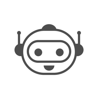 Chatbot simgesi. Robot işareti ya da sembol. Şirin robot kafası konuşuyor. Müşteri desteği olarak gülümseyen robot. Kawaii insansı robot soruları cevaplıyor. Hizmet Otomasyonu. Vektör illüstrasyonu, düz, klip sanatı.