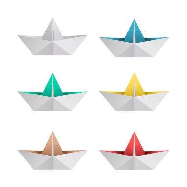 Kağıt tekne seti. Origami kağıt teknesi. Katlanmış altı kağıt tekne koleksiyonu. Kağıt işleri gemisi. Farklı renkler. Beyaz arka planda izole edilmiş. Denizcilik temalı unsurlar. Vektör illüstrasyonu, düz, klip sanatı
