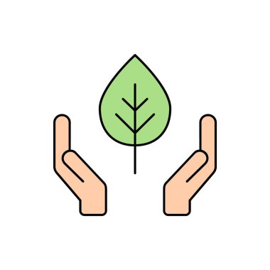 Eller yeşil yaprak çizgi ikonunu tutuyor. Çevre koruma sembolü. Etik üretim tabelası. Dünyayı ve adil ticaret kavramını seviyorum. Sürdürülebilir materyal işareti. Vektör illüstrasyonu, düz, klip sanatı.