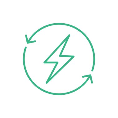 Yenilenebilir enerji hattı simgesi. Çember oklarının içinde şimşek çakıyor. Sürdürülebilir güç kaynakları. Elektrik enerjisini geri dönüştür. Temiz enerji dolaşımı. Rotasyon işareti. Vektör, illüstrasyon, düz, klip sanatı. 