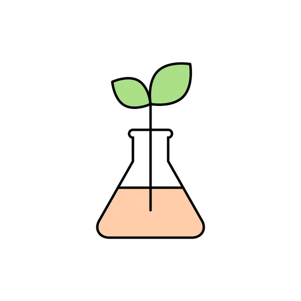 绿色植物在实验室的瓶子颜色图标 草药化妆品 替代草药保健 天然成分研究 有两片叶子的艾伦迈耶矢量插图 剪贴画 — 图库矢量图片