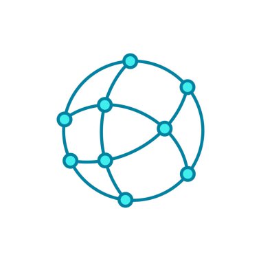Noktaları ve bağlantıları olan mavi küre. Genel ağ çizgisi simgesi. İletişim ve ağ kurma kavramı. Sosyal medya sembolü. Dijital gezegen Dünya ana hatları. 4.0 sanayi. Vektör illüstrasyonu, klip sanatı.