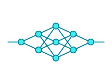 Sinirsel ağ çizgisi simgesi. Makine öğrenme teknolojisi. Derin öğrenme. Yapay zeka. Veri işleme şeması. Giriş, ara katmanlar, çıkış. Mavi diyagram. Vektör illüstrasyonu, klip sanatı.