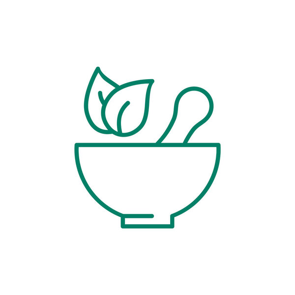 Green mortar and pestle with leaves line icon. Herbal traditional medicine. Kitchen equipment. Grinding herbs and spices. Natural pharmacy. Healthy food. Ayurveda. Vector illustration, flat, clip art