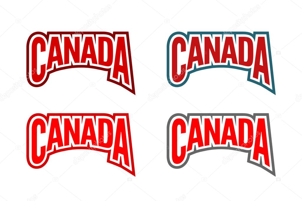 Canada text emblem set. Word  Canada embroidery symbol. Collection of four color variations. Canada athletic arched lettering. National sport team design element. Vector illustration, flat, clip art.