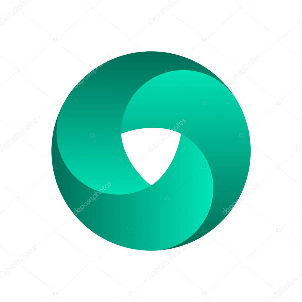 Impossible circle shape. Optical illusion. Green gradient infinite circular shape. Interlocking circles on white background. Letter O or a ring. Abstract endless geometric loop. Vector illustration.