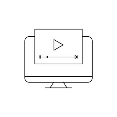 Video oynatıcı PC monitörü. Çevrimiçi rota simgesi. Oynat düğmeli TV. Viral video konsepti. İnternetten eğitim fikri. Açık video sekmesi olan masaüstü bilgisayarı. Vektör illüstrasyonu, düz, klip sanatı.