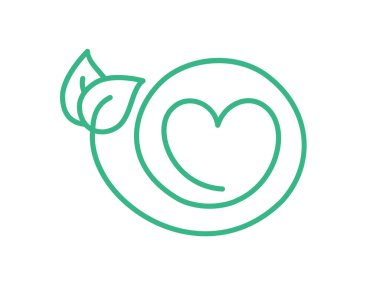 Heart and leaves logo template. Love nature ecological concept. Leaf and heart shape in a circle. Environmental friendly symbol. Plant based sign. Vector illustration, line icon, flat, clip art.  