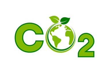Yeşil karbondioksit Dünya sembolü. Sıfır emisyon. Karbon nötr konsept. CO2 kirlilik işareti. Çevresel sosyal yönetim. ESG. Gezegen atmosferi koruması. Vektör illüstrasyonu, düz, klip sanatı. 
