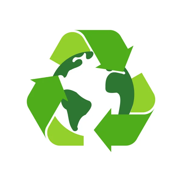 リサイクルサインの中の惑星地球 環境保全の概念 世界とリサイクル矢印 環境に優しいシンボル ゴミとかゴミとか 意識的な消費 ベクターイラスト フラット クリップアート — ストックベクタ