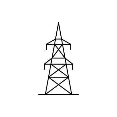 Elektrik iletim hattı. Yukarıdaki güç hattı simgesi. Yüksek voltajlı elektrik direği. Kablolu elektrik kulesi. Elektrik direği. Elektrik direği sütunu. Vektör illüstrasyonu, ince çizgi, düz, klipsli sanat. 