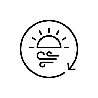 Güneş enerjisi hattı simgesi. Güneşin içinde ok ile şimşek çakıyor. Yenilenebilir enerji kavramı. Sürdürülebilir enerji kaynakları. Temiz enerji üretimi. Doğa koruma. Vektör illüstrasyonu, düz, klip sanatı. 