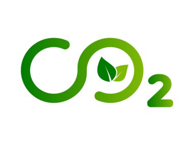 Yapraklı karbondioksit sembolü. Sonsuz CO2 işareti. Karbon nötr kavramı. Devamlı döngü. Sıfır emisyon. Çevresel koruma. Logo şablonu veya simgesi. Vektör illüstrasyonu, düz, klip sanatı. 