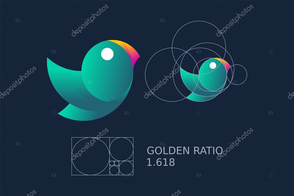 Golden ratio bird. Golden ratio design principle. Blue green parrot or sparrow made of circles. Golden number 1.618 grid. Divine proportion in geometry and art. Vector illustration, flat, clip art.