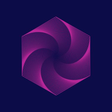 Soyut sarmal geometrik şekil. Mavi arka planda mor altıgen. Kablo çerçeveli girdap dalgaları. Dijital teknolojinin girdap arka planı. Doğrusal desen. Vertigo konsepti. Vektör illüstrasyonu, düz, klip sanatı