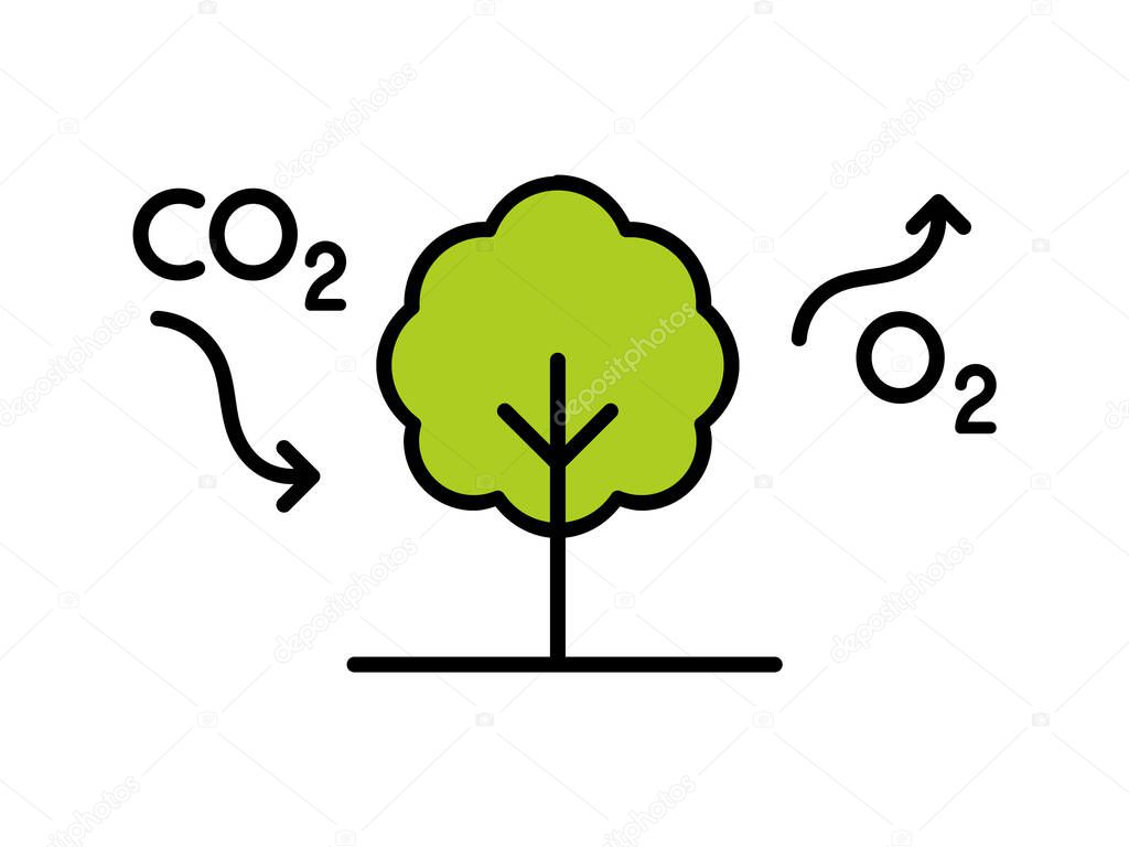 Carbon cycle. Tree absorbs CO2 and releases O2. Photosynthesis process diagram. Carbon dioxide reduction. Oxygen production. Forestation concept. Eco friendly. Vector illustration, flat, clip art. 