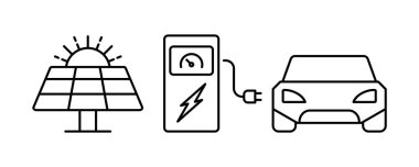 Güneş paneli ve elektrikli araba şarj istasyonu. Temiz enerji kavramı. Elektrikli araç. Çevre dostu güç üretimi. Sürdürülebilir kaynaklar. Çevre taşımacılığı. Vektör illüstrasyonu, düz, klip sanatı