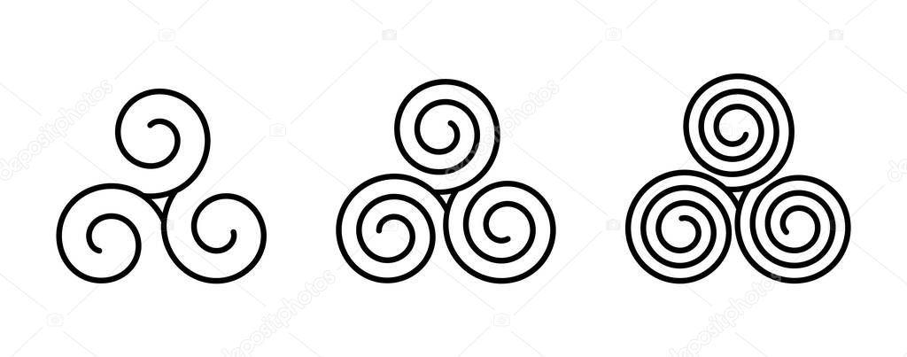 Celtic triskelion set. Triskeles ancient geometric motif. Movement, motion energy symbol. Action, cycles, progress meaning. Triple spiral symmetry decoration ornament. Vector illustration, clip art. 