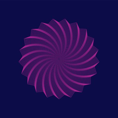 Çizgilerden oluşan soyut filigran şekli. Mor Rosette dekorasyon figürü. Bükülmüş çiçek tasarımı elementi. Pembe logo şablonu. Çizgili desenli geometrik şekil. Vektör illüstrasyonu, düz, klip sanatı. 