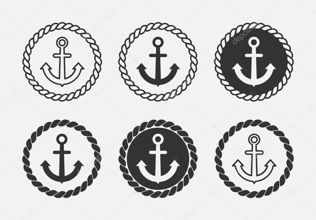 Anchor and rope circle logo set. Nautical theme symbol group. Sailing and sea vintage design elements. Marine emblem or badge. Round rope with anchor in the middle. Vector illustration, flat, clip art