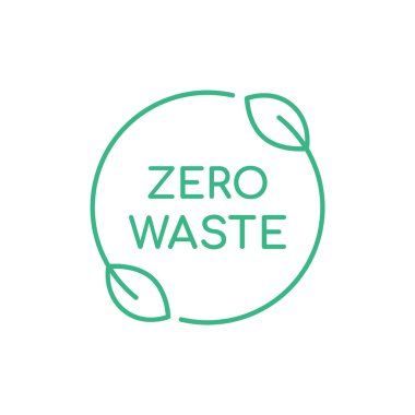 Sıfır atık ince çizgi simgesi. Yapraklarla çember olun ve sıfır atık metin. Sürdürülebilir yaşam tarzı. Atık yönetimi. Sorumluluk sahibi tüketicilik. Geri dönüşüm konsepti. Ekoloji. Vektör illüstrasyonu, düz, klip sanatı. 