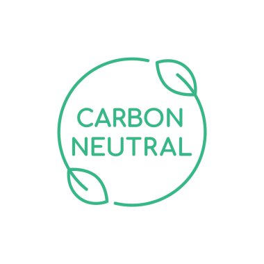 Karbon nötr işareti ya da ikon. Yeşil yapraklar daire şeklinde. Biyolojik çözünebilir ürün ambalajlama sembolü. Temiz enerji kavramı. Sıfır emisyon. Eko fridly ürün logosu. Vektör illüstrasyonu, ince çizgi, klipsleme sanatı.