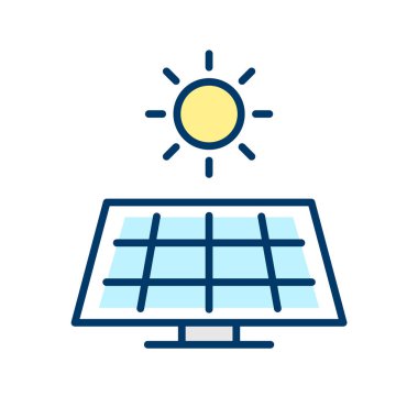 Güneş paneli renk çizgisi simgesi. Alternatif elektrik kaynağı olarak Güneş. Yenilenebilir, sürdürülebilir, çevre dostu enerji. Beyaz arka planda çizgi film ana hatları sembolü. Vektör illüstrasyonu, düz, klip sanatı.