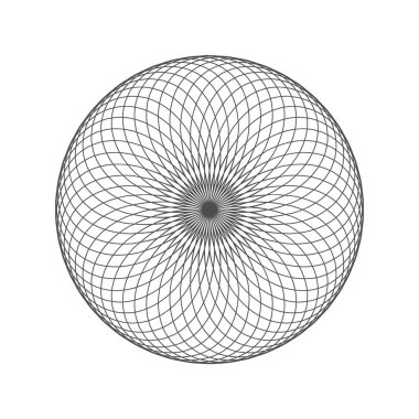Beyaz arka planda Spirograph. Soyut kablo dairesi. Kutsal geometri. Yuvarlak çiçek süsü deseni. Rosette dekorasyon elemanı. Simetrik dairesel şekiller. Vektör illüstrasyonu, düz, klip sanatı
