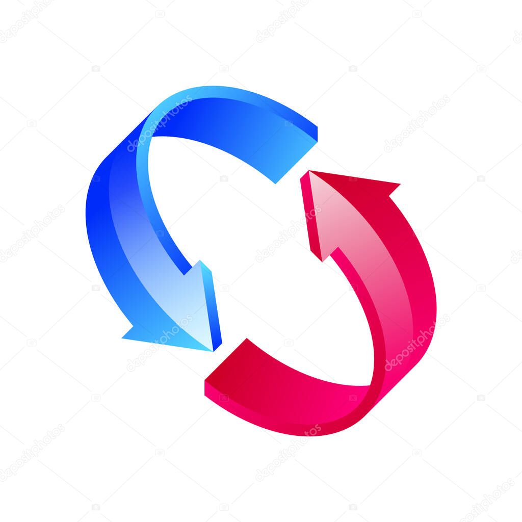 Blue and red curled arrows. Exchange symbol. 3D moving arrows. Shiny replace sign. Colorful reload icon. Arrow circle rotation. Two spinning arrows. Logo template. Vector illustration, flat, clip art.