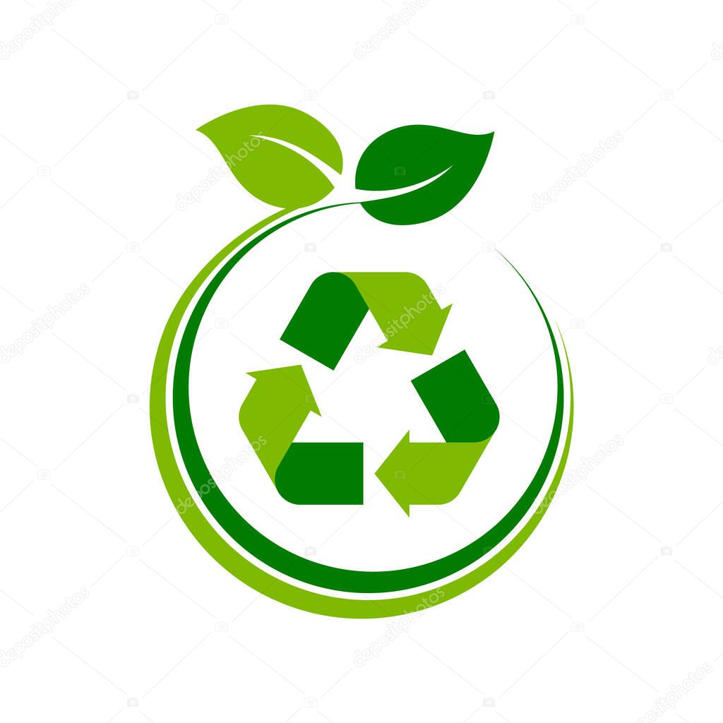 Recycle symbol inside circle with leaves. Zero waste concept. Sustainability idea. Green recycling sign. Reduce, reuse, recycle. Biodegradable, compostable icon. Vector illustration, flat, clip art.