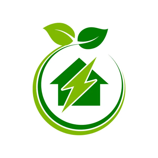 Energy Efficient Home Icon House Lightning Bolt Circle Leaves Green — Stock Vector