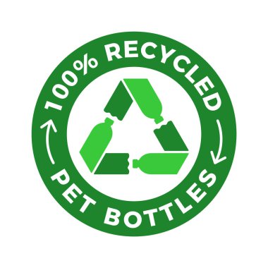 % 100 geri dönüştürülmüş PET şişe logosu. Üç yeşil plastik şişe bir çemberin içinde geri dönüşüm işareti oluşturuyor. % 100 geri dönüşümlü malzemeden elde edilen ürünler. Yeniden kullanılabilir polyester ürün etiketi. Vektör illüstrasyonu, düz, klip sanatı.