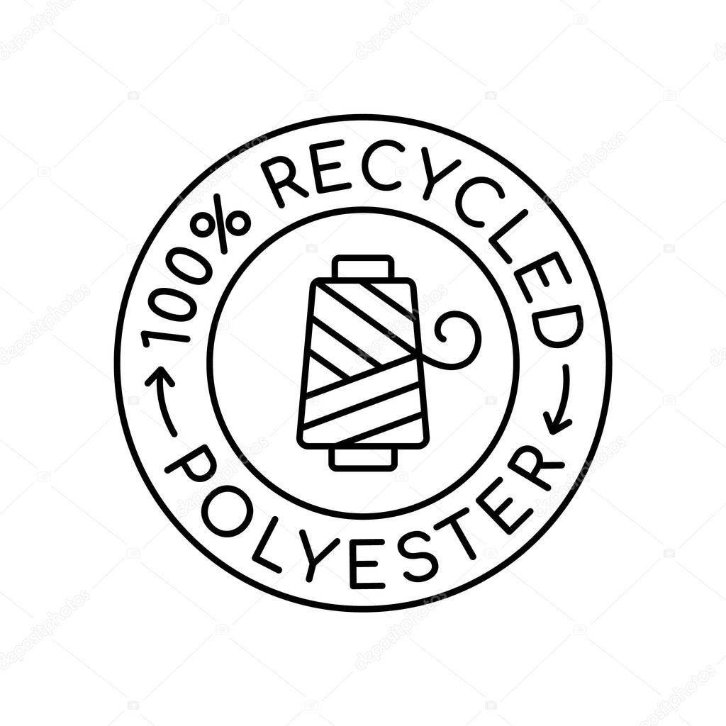 100% recycled polyester logo. Fabric made from reusable materials. Recycled material label or stamp. Recycling polyester circle badge. Sustainable product industry. Vector illustration, flat, clip art