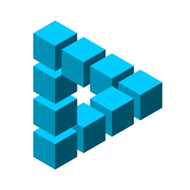 Küplerden yapılmış imkansız bir üçgen. Reutersvard optik illüzyonu. Görsel efekt sembolü. Kutsal geometri. Üç boyutlu mavi figür. Sonsuz penrose üçgen şekli. Logo şablonu. Vektör illüstrasyonu, klip sanatı