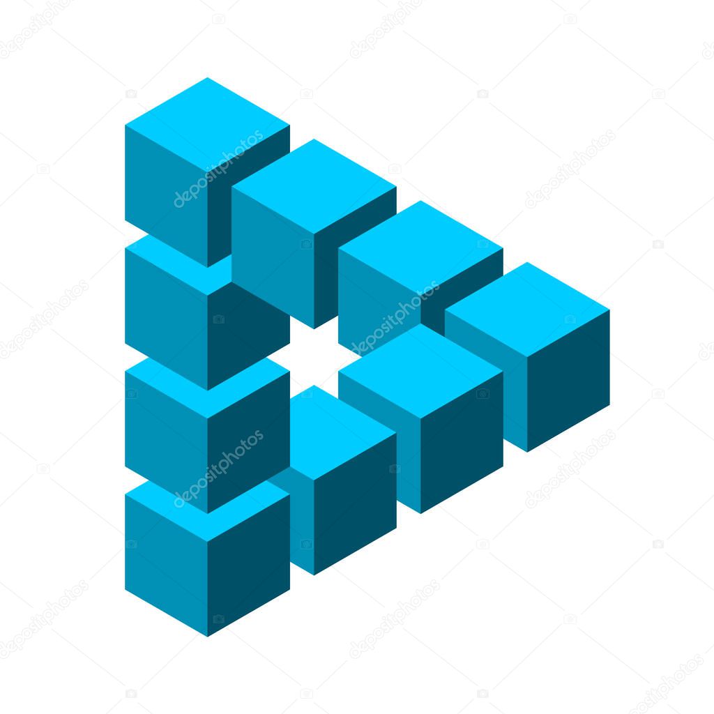 Impossible triangle made of cubes. Reutersvard optical illusion. Visual effect symbol. Sacred geometry. Blue 3D figure. Infinity penrose triangular shape. Logo template. Vector illustration, clip art