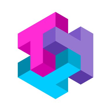 Üç boyutlu logo, üç harfli TTT kısaltma logosu şablonu. Renkli küp alfabe sembolü T. Soyut logoti 3 büyük T tasarım elementi. Şirket kimliği. Vektör illüstrasyonu, klip sanatı