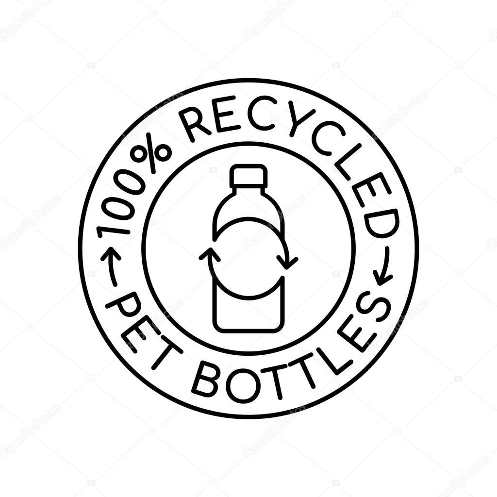 100% recycled PET bottles logo. Plastic bottle with recycle arrows in a circle. Products from 100% recycled materials. Reusable polyester product label. Zero waste. Vector illustration, flat, clip art